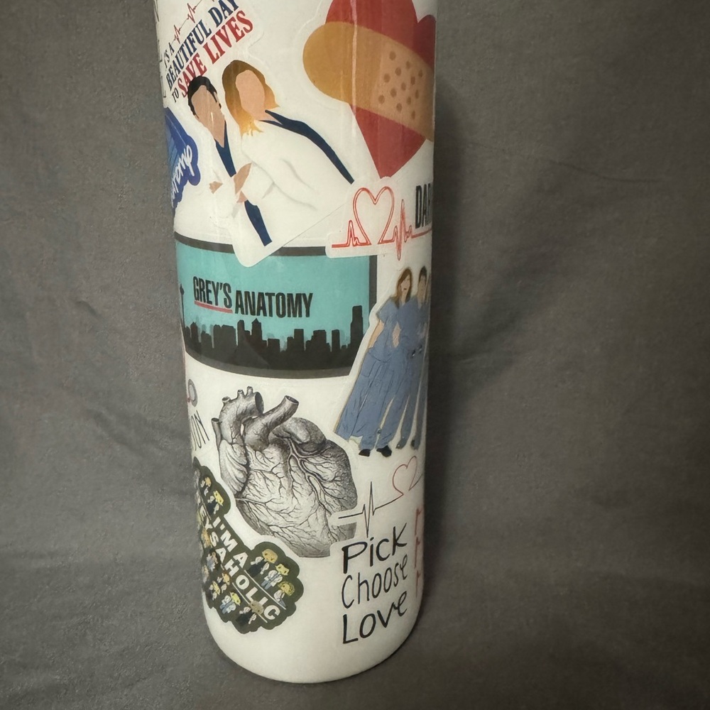 White Tumbler with Grey's Anatomy Stickers